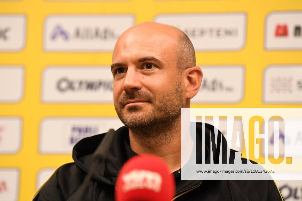 STVV s head coach Frederic De Meyer pictured during a press conference, PK, Pressekonferenz of Belgian soccer team Sint-Truidense V.V., Wednesday 19 August 2026 in Sint-Truiden, in preparations of the first leg of the play-off round for the UEFA Europa League league phase, against Cypriot team AC Omonoia Nicosia. JILLxDELSAUX x183765005x