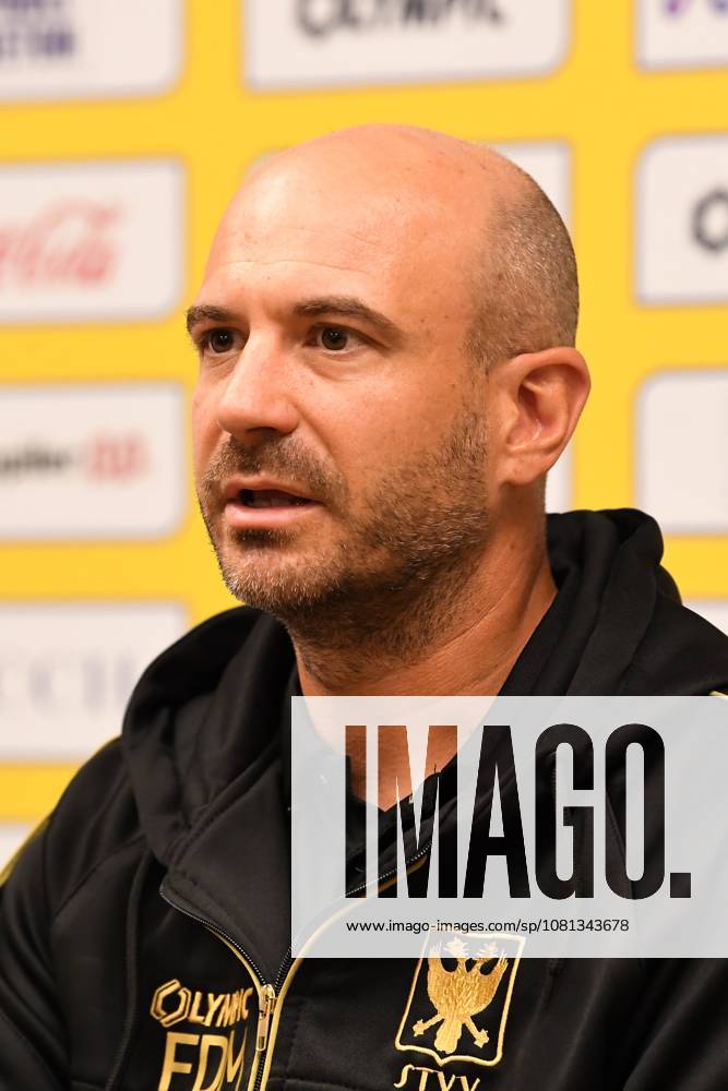 STVV s head coach Frederic De Meyer pictured during a press conference, PK, Pressekonferenz of Belgian soccer team Sint-Truidense V.V., Wednesday 19 August 2026 in Sint-Truiden, in preparations of the first leg of the play-off round for the UEFA Europa League league phase, against Cypriot team AC Omonoia Nicosia. JILLxDELSAUX x183765032x