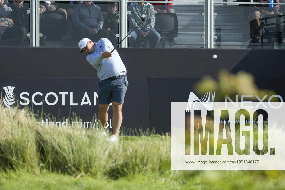 BALMEDIE, SCOTLAND - AUG 19: Marcus Armitage (ENG) plays from the first tee during the Pro-Am at the 2026 Nexo Championship at the Trump International Golf Links, Balmedie on August 19, 2026 in Aberdeenshire, Scotland The 2026 Nexo Championship