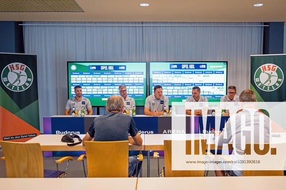 Opel Handball Bundesliga, HSG Wetzlar Press Conference for the Start of the 2026–2027 Season: Assistant Coach Chen Pomeranze (HSG Wetzlar), Head Coach Runar Sigtryggsson (HSG Wetzlar), Press Officer Arne Wohlfahrt (HSG Wetzlar), Sports Director Michael Allendorf (HSG Wetzlar), Managing Director Björn Seipp (HSG Wetzlar), Wetzlar Buderus Arena, Hesse, Germany, DE