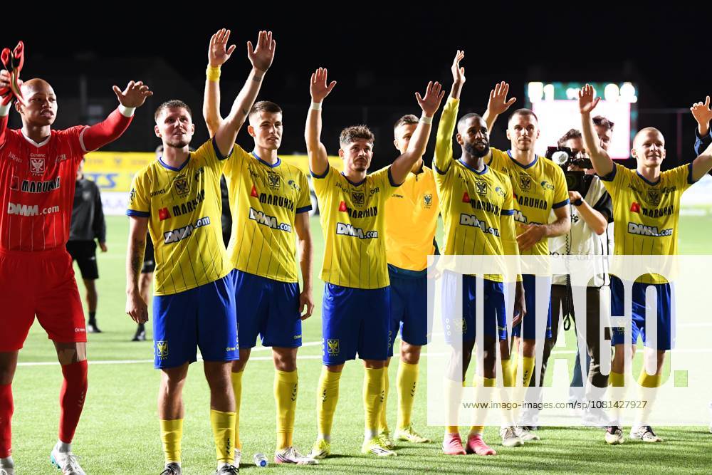 STVV s players celebrate after winning a soccer game between Belgian Sint-Truidense V.V. and Cypriot AC Omonoia Nicosia, Thursday 20 August 2026 in Sint-Truiden, the first leg of the play-off round for the UEFA Europa League league phase. JILLxDELSAUX x183853466x