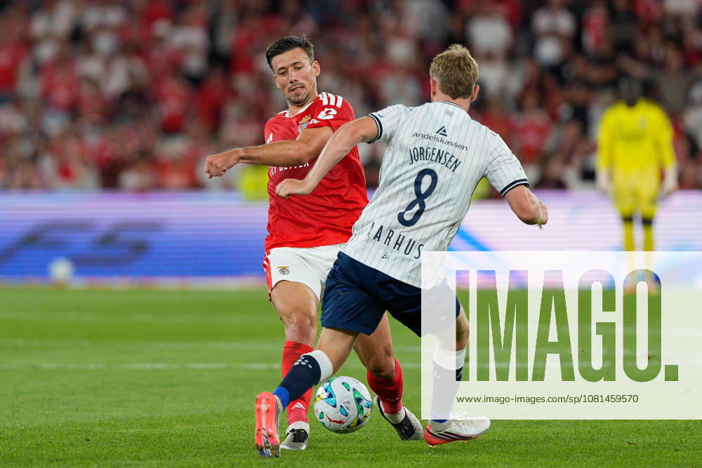 Clement Lenglet of SL Benfica (L) and Sebastian Jorgensen of AGF Aarhus (R) in action during the UEFA Europa League Play-Offs 1st leg football match between SL Benfica and Aarhus GF at Estadio da Luz. Final score: SL Benfica 3:1 AGF Aarhus SL Benfica Vs AGF Aarhus In Lisbon, Portugal - 20 Aug 2026 - ZUMAs197 20260820_aaa_s197_385