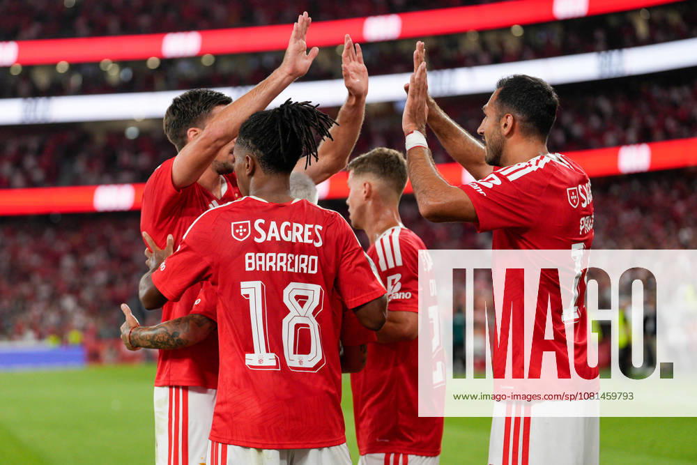 Clement Lenglet (L), Leandro Barreiro (C), Samuel Dahl (C) and Vangelis Pavlidis of SL Benfica (R) celebrate a goal during the UEFA Europa League Play-Offs 1st leg football match between SL Benfica and Aarhus GF at Estadio da Luz. Final score: SL Benfica 3:1 AGF Aarhus Lisbon Portugal - ZUMAs197 20260820_aaa_s197_357