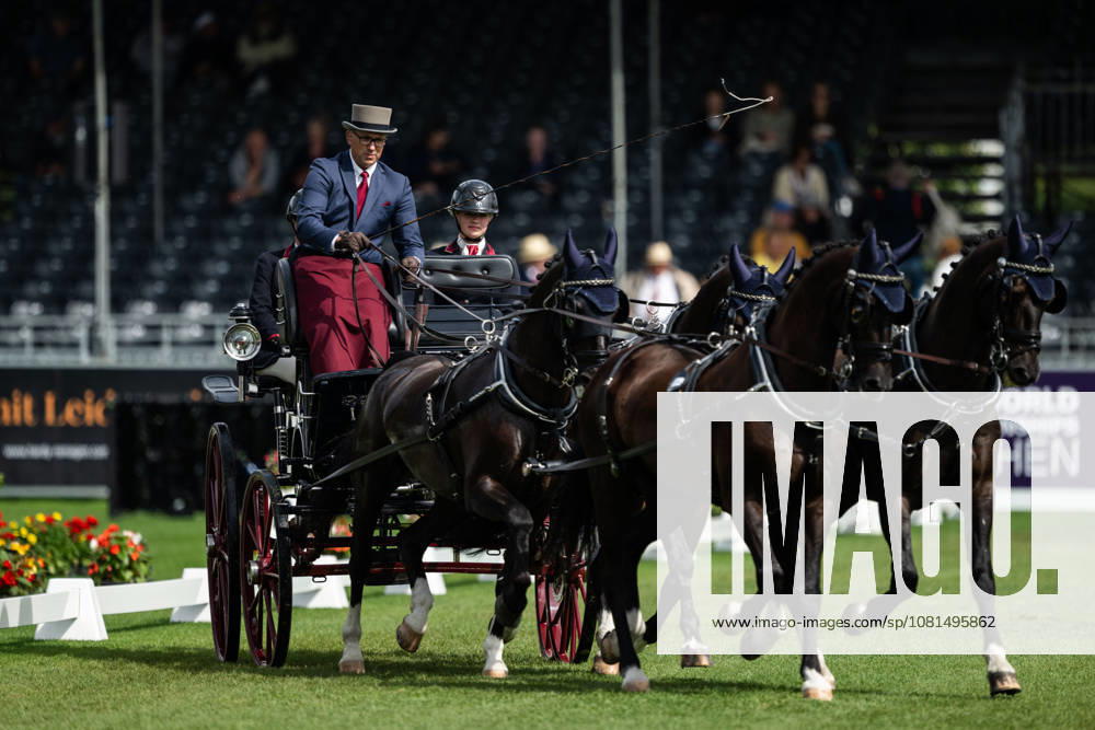 Fredrik Persson of Sweden, riding the horses Fasco, Hertog Jan, Judson, and Kermit, competes in the Four-in-Hand Dressage on Day 11 of the 2026 FEI World Championships on August 21, 2026 in Aachen. Photo by Emma Wallskog. BILDBYRAN code EW EW0695 equestrian sports 2026 World Championships 2026 FEI World Championships bbeng equestrian sports World Championships four-in-hand driving dressage four-in-hand