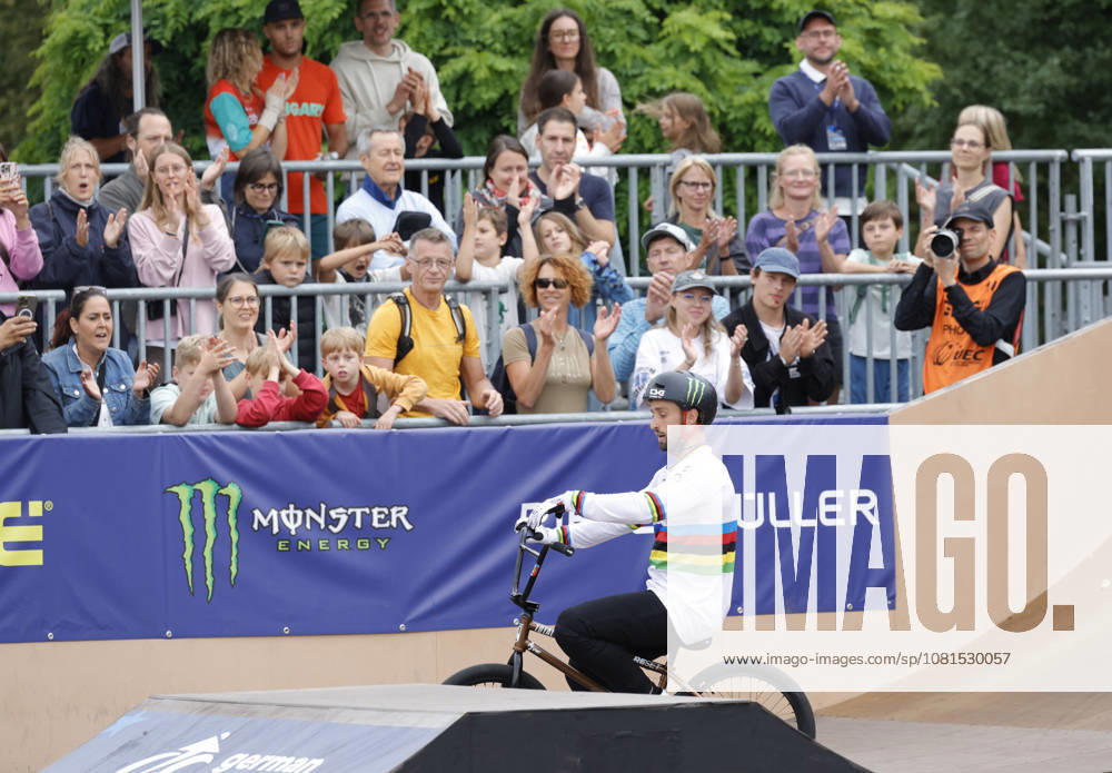 Men’s Qualifying Round at the BMX Freestyle Park European Championships in Darmstadt’s Bürgerpark, hosted by VC Darmstadt, August 21–23, 2026. Here, Anthony Jeanjean (FRA), the reigning 2025 world champion, receives applause from spectators in Darmstadt, Hesse, Germany, after his qualifying run.