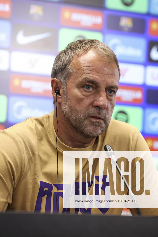 Hansi Flick, head coach of FC Barcelona, Barca attends his press conference, PK, Pressekonferenz during the training day of FC Barcelona ahead the Spanish League, LaLiga EA Sports, football match against Elche CF at Ciudad Esportiva Joan Gamper on August 22, 2026 in Sant Joan Despi, Barcelona, Spain. FC Barcelona Training And Press Conference - LaLiga EA Sports - ZUMAa181 20260822_zaa_a181_099