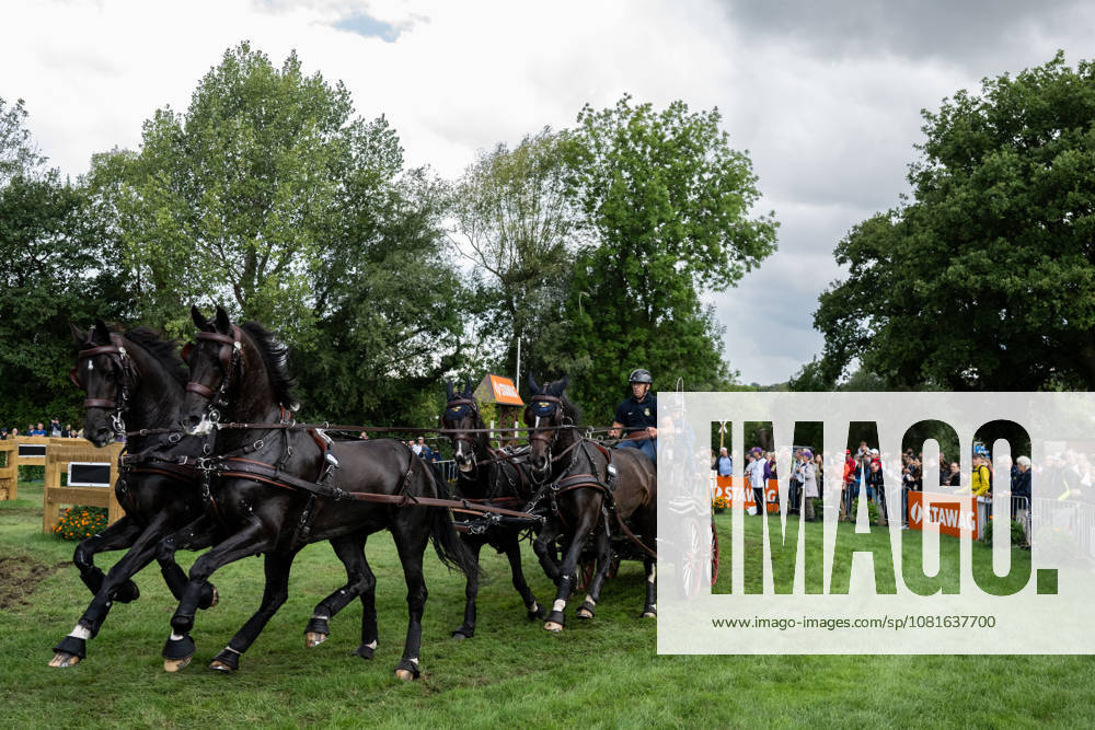 Fredrik Persson of Sweden, with his horses Fasco, Kaptain, Judson, and Kermit, competes in the Four-in-Hand Marathon on Day 12 of the 2026 FEI World Championships, 2026 in Aachen. Photo by Emma Wallskog, BILDBYRAN, code EW EW0697: equestrian sports, 2026 World Championships, 2026 FEI World Championships, BBENG, equestrian sports, World Championships, four-in-hand, driving