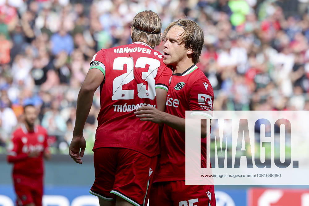 Stefan Teitur Thordarson of Hannover 96 celebrates his goal—making the score 0–1—with Lars Gindorf of Hannover 96 during the DFB Cup match between SV Hemelingen and Hannover 96 at Weserstadion on August 22, 2026, in Bremen, Germany. Photo by Marco Steinbrenner, DeFodi Images. Stefan Teitur Thordarson of Hannover 96 celebrates after scoring his team’s first goal with Lars Gindorf of Hannover 96 during the DFB Cup match between SV Hemelingen and Hannover 96 at Weserstadion on August 22, 2026 in Bremen, Germany. Photo by Marco Steinbrenner, DeFodi Images. Photo by Marco Steinbrenner, DeFodi Images.