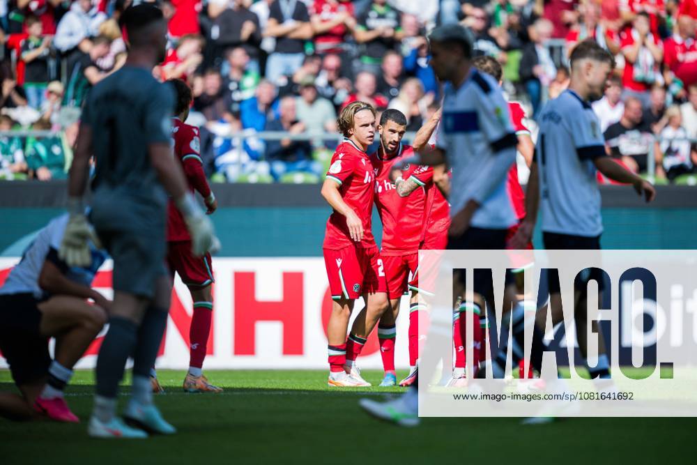 Soccer, 2026–2027, DFB Cup, 1st Round, SV Hemelingen vs. Hannover 96. Lars Gindorf of Hannover celebrates his goal to make it 0–2 with Waniss Taibi. Hannover. DFB regulations prohibit any use of photographs as image sequences and or quasi-video.
