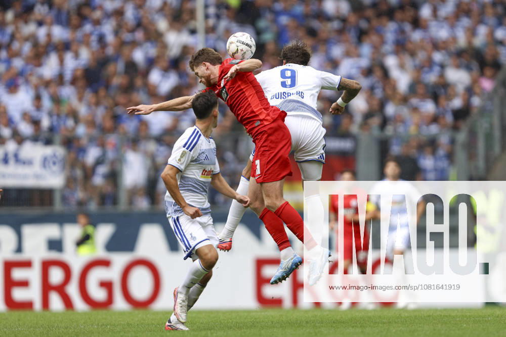 Florian Le Joncour of SV 07 Elversberg and Lex Tyger Lobinger of MSV Duisburg in a one-on-one battle during the first-round DFB Cup match between MSV Duisburg and SV 07 Elversberg, Schauinsland Reisen Arena on August 22, 2026, in Duisburg, Germany. Photo by Oliver Kaelke, DeFodi Images. Florian Le Joncour of SV 07 Elversberg and Lex Tyger Lobinger of MSV Duisburg battle for the ball during the first-round match of the DFB Cup between MSV Duisburg and SV 07 Elversberg at Schauinsland Reisen Arena on August 22, 2026, in Duisburg, Germany. Photo by Oliver Kaelke, DeFodi Images. DFB and DFL regulations prohibit any use of photographs as image sequences and or quasi-video. Photo by Oliver Kaelke, DeFodi Images.