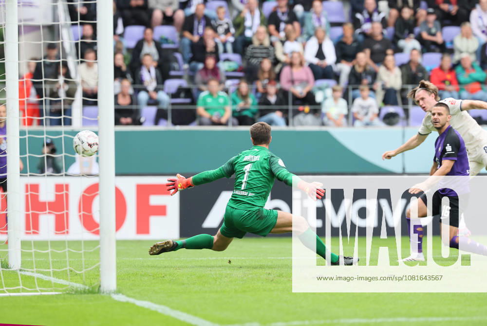 Erz Aue vs. Hoffenheim, DFB Cup, Aue, August 22, 2026, Erzgebirgsstadion, Soccer, DFB Cup, 1st Round, FC Erzgebirge Aue vs. TSG 1899 Hoffenheim, Goal for Hoffenheim, 0–1. Pictured: Goal scorer Patrick Wimmer 8, Hoffenheim scores past goalkeeper Martin Männel (1), Aue, For editorial use only, DFB regulations prohibit any use of photographs as image sequences and or quasi-video, Picture Point