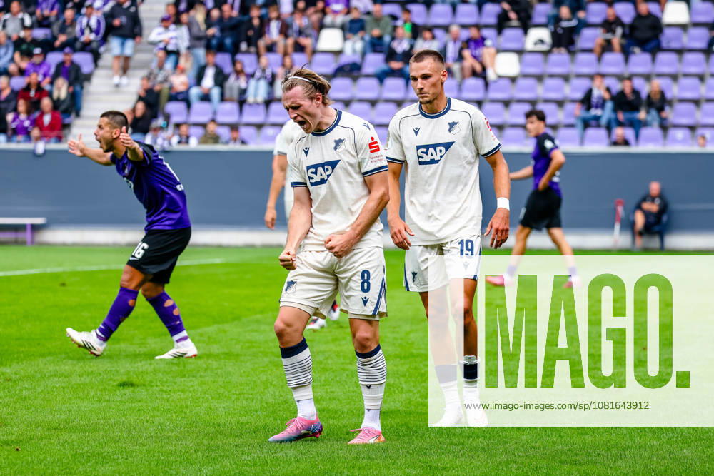 Patrick Wimmer, TSG 1899 Hoffenheim, 08, celebration, goal celebration, celebrating the goal that made it 0-3; Tim Lemperle, TSG 1899 Hoffenheim, 19, Patrick Kapp, FC Erzgebirge Aue, 16, is upset about a decision, FC Erzgebirge Aue vs. TSG Hoffenheim, soccer, DFB Cup, 1st round, 2026–2027 season, August 22, 2026, DFL regulations prohibit any use of photographs as image sequences and or quasi-video, FC Erzgebirge Aue vs. TSG Hoffenheim, soccer, DFB Cup, Round 1, 2026–2027 Season, August 22, 2026, Aue
