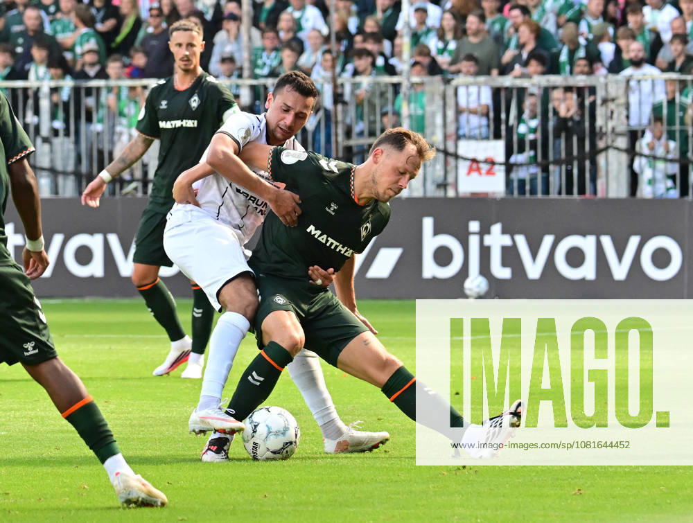 German Soccer, Men, DFB Cup, 1st Round, 2026–2027 Season, Hamburg, Lüneburger SK vs. Werder Bremen Senne Lynen Werder 14 tries to prevail against Leon Perera Lüneburg 12. DFB and DFL regulations prohibit any use of photographs as image sequences and or quasi-video. Hamburg Millerntorstadion, Hamburg, Germany