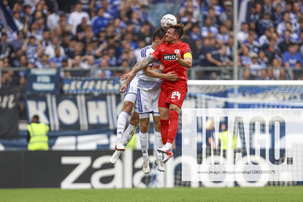 Tobias Fleckstein of MSV Duisburg, Martin Ens of MSV Duisburg and Luca Schnellbacher of SV 07 Elversberg in a tackle during the first-round DFB Cup match between MSV Duisburg and SV 07 Elversberg at the Schauinsland Reisen Arena on August 22, 2026, in Duisburg, Germany. Photo by Oliver Kaelke, DeFodi Images. Tobias Fleckstein (MSV Duisburg), Martin Ens of MSV Duisburg and Luca Schnellbacher of SV 07 Elversberg battle for the ball during the first-round match of the DFB Cup between MSV Duisburg and SV 07 Elversberg at Schauinsland Reisen Arena on August 22, 2026 in Duisburg, Germany. Photo by Oliver Kaelke, DeFodi Images. DFB and DFL regulations prohibit any use of photographs as image sequences and or quasi-video. Photo by Oliver Kaelke, DeFodi Images