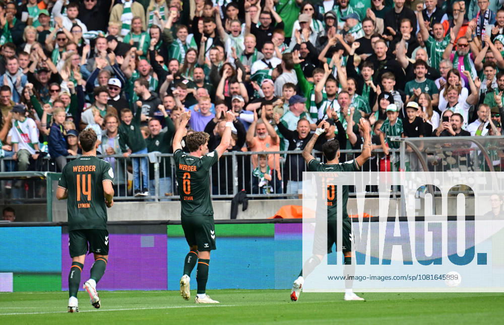 German Soccer, Men s, DFB Cup, 1st Round, 2026–2027 Season, Hamburg, Lüneburger SK vs. Werder Bremen: Jens Stage (Werder 06) scores the 1–0 goal for Bremen past goalkeeper Tommy Henze (Pauli 01) and celebrates with the fans. DFB and DFL regulations prohibit any use of photographs as image sequences and or quasi-video. Hamburg Millerntorstadion, Hamburg, Germany
