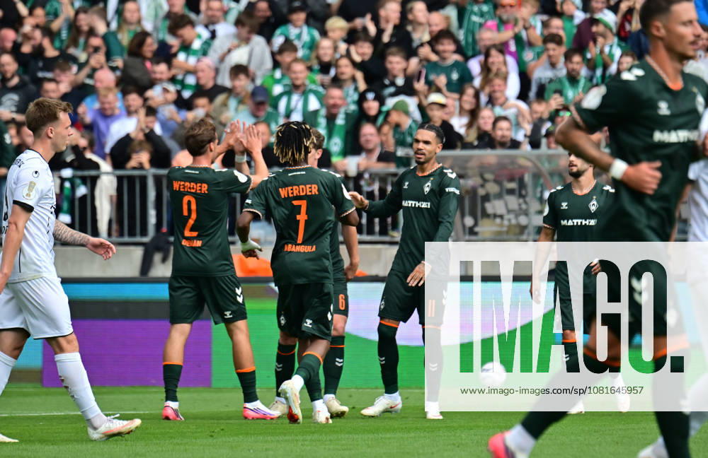 German Soccer, Men, DFB Cup, 1st Round, 2026–2027 Season, Hamburg, Lüneburger SK vs. Werder Bremen: Jens Stage of Werder 06 scores the 1–0 goal for Bremen past goalkeeper Tommy Henze of Pauli 01 and celebrates with the team. DFB and DFL regulations prohibit any use of photographs as image sequences and or quasi-video. Hamburg Millerntorstadion, Hamburg, Germany