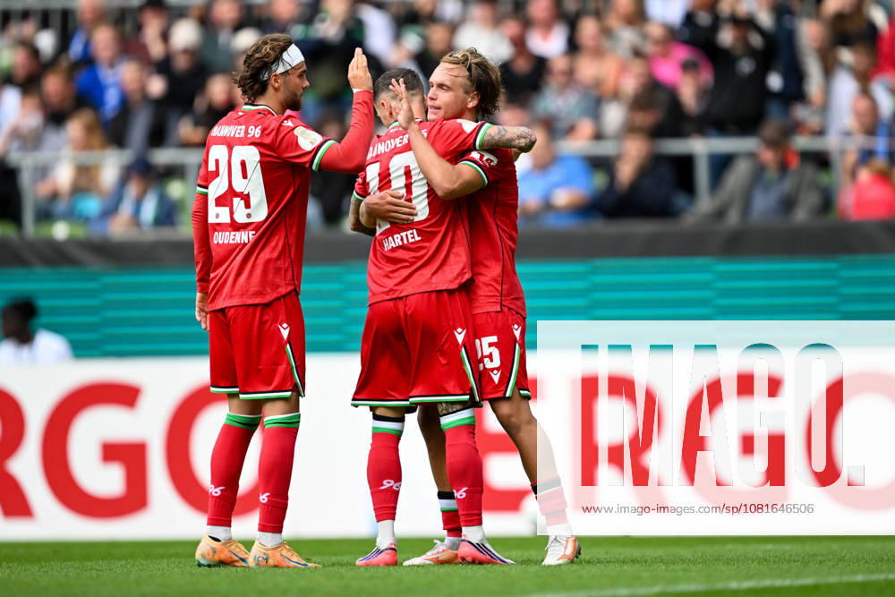 DFB Cup 26–27: SV Hemelingen vs. Hannover 96 on August 22, 2026, at the Weserstadion in Bremen—Cheers, goal celebrations, Goal scorers, goal scorer Lars Gindorf; Hannover celebrates after his goal to make it 0–7, with Marcel Hartel and Kolja Oudenne MT