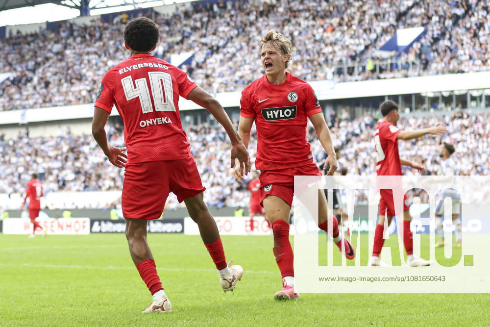 Francis Onyeka of SV 07 Elversberg celebrates the goal with his teammates after scoring to make it 1–2 during the first-round DFB Cup match between MSV Duisburg and SV 07 Elversberg, Schauinsland Reisen Arena on August 22, 2026, in Duisburg, Germany. Photo by Oliver Kaelke, DeFodi Images. Francis Onyeka of SV 07 Elversberg celebrates with his teammates after scoring his team’s second goal during the first-round match of the DFB Cup between MSV Duisburg and SV 07 Elversberg at the Schauinsland Reisen Arena on August 22, 2026 in Duisburg, Germany. Photo by Oliver Kaelke, DeFodi Images. DFB and DFL regulations prohibit any use of photographs as image sequences and or quasi-video. Photo by Oliver Kaelke, DeFodi Images.