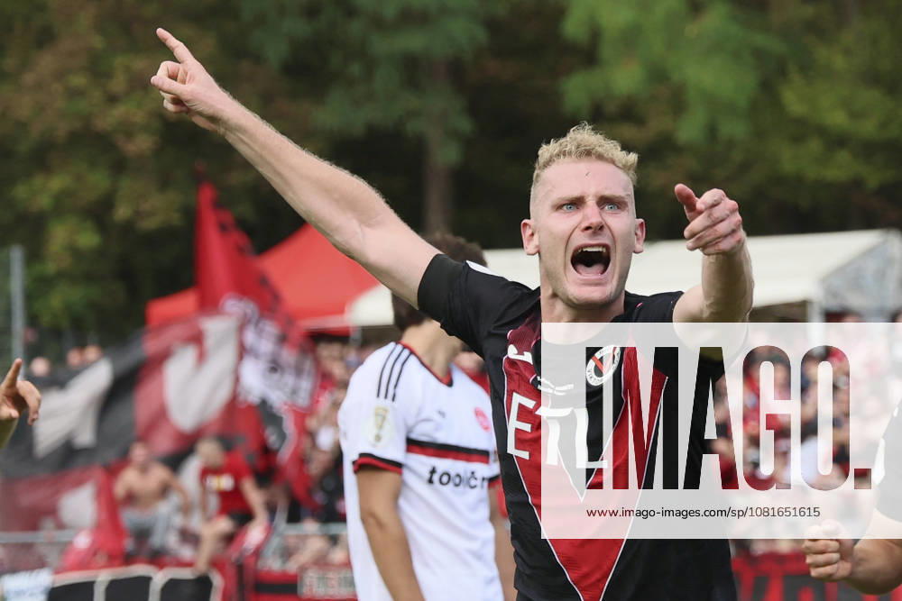 Meiko Sponsel (Viktoria Koeln, 19) celebrates his 1:1 goal during the DFB-Cup match between Viktoria Koeln vs. 1. FC Nuernberg at the Sportpark Hoehenberg on August 22, 2026 in Koeln, Germany. DFL REGULATIONS PROHIBIT ANY USE OF PHOTOGRAPHS AS IMAGE SEQUENCES AND OR QUASI-VIDEO. Nordrhein-Westfalen Germany