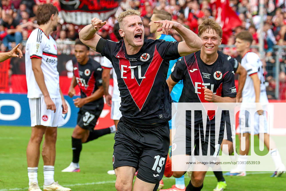 Soccer, DFB Cup First Round, Viktoria Köln 1 FC Nürnberg, Sportpark Höhenberg, 2026–2027 Season: Celebrations after the 1–1 goal scored by Meiko Sponsel of Viktoria Köln. DFB regulations prohibit any use of photographs as image sequences and or quasi-video. Photo: xSandraxScherningxPressefotoKochx, North Rhine-Westphalia, Germany