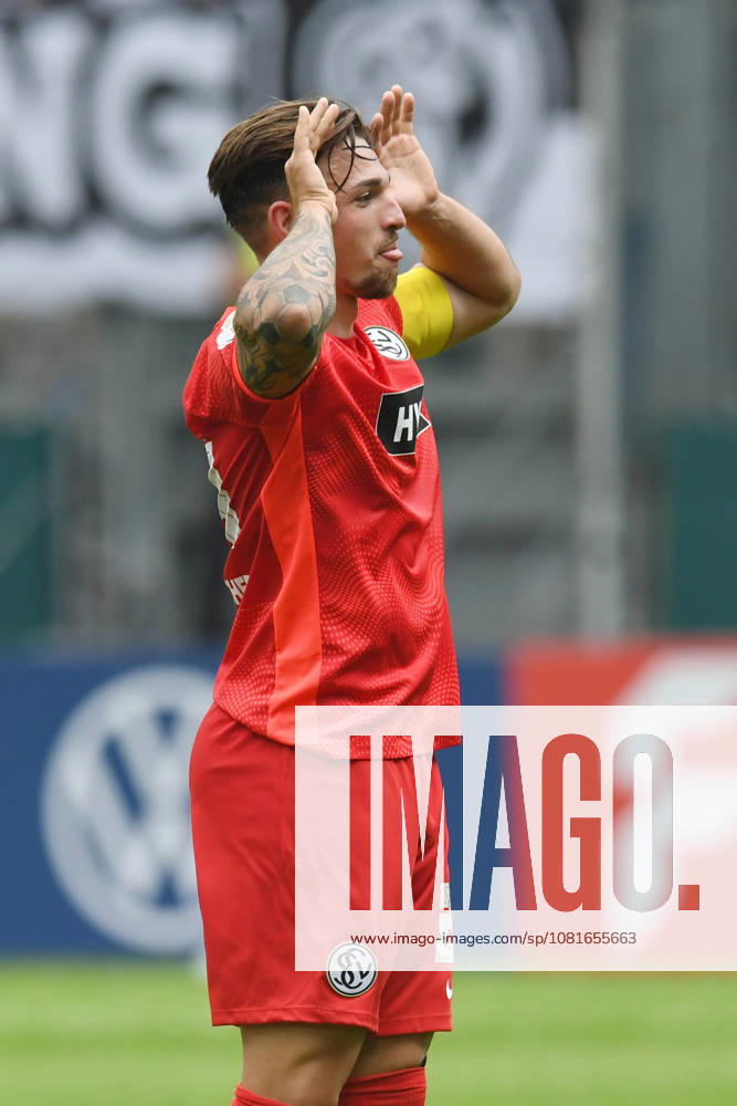 Goal scorer Luca Schnellbacher of SV 07 Elversberg, 24, celebrates his goal to make it 1–0, GER, MSV Duisburg vs. SV 07 Elversberg, Soccer, DFB Cup First Round, 2026–2027 season, August 22, 2026. DFL regulations prohibit any use of photographs as image sequences and or quasi-video. GER, MSV Duisburg vs. SV 07 Elversberg, soccer, DFB Cup First Round, 2026–2027 Season, August 22, 2026, Duisburg