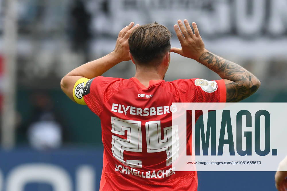 Goal scorer Luca Schnellbacher of SV 07 Elversberg, 24, celebrates his goal to make it 1–0, GER, MSV Duisburg vs. SV 07 Elversberg, Soccer, DFB Cup First Round, 2026–2027 season, August 22, 2026. DFL regulations prohibit any use of photographs as image sequences and or quasi-video. GER, MSV Duisburg vs. SV 07 Elversberg, soccer, DFB Cup First Round, 2026–2027 Season, August 22, 2026, Duisburg