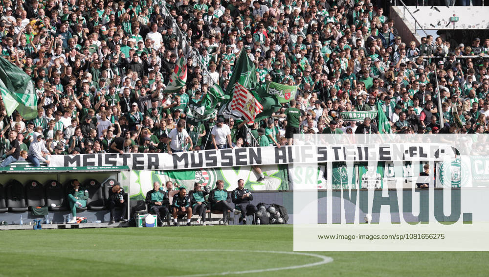 Banner from Werder fans: Champions Must Be Promoted Soccer, 2026–2027 Season, Men, Men’s, DFB Cup, 1st Round, Millerntor Stadium, Lüneburger SK vs. Werder Bremen, 0–3. DFL regulations prohibit any use of photographs as image sequences and or quasi-video.