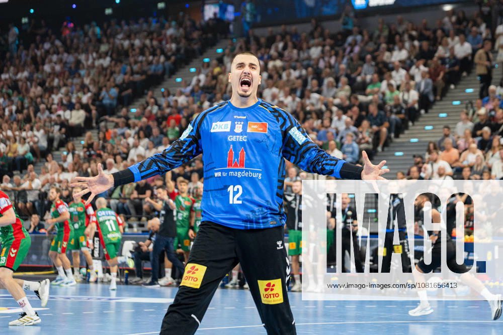 Fuechse Berlin (GER) vs. SC Magdeburg (GER), Handball, Men s Handball Bundesliga 1, 2026 Rexel Super Cup, 2026–2027 Season, Munich, August 22, 2026: Matej Mandic of SC Magdeburg, No. 12, celebrates after a save at the SAP Garden in Munich, Germany
