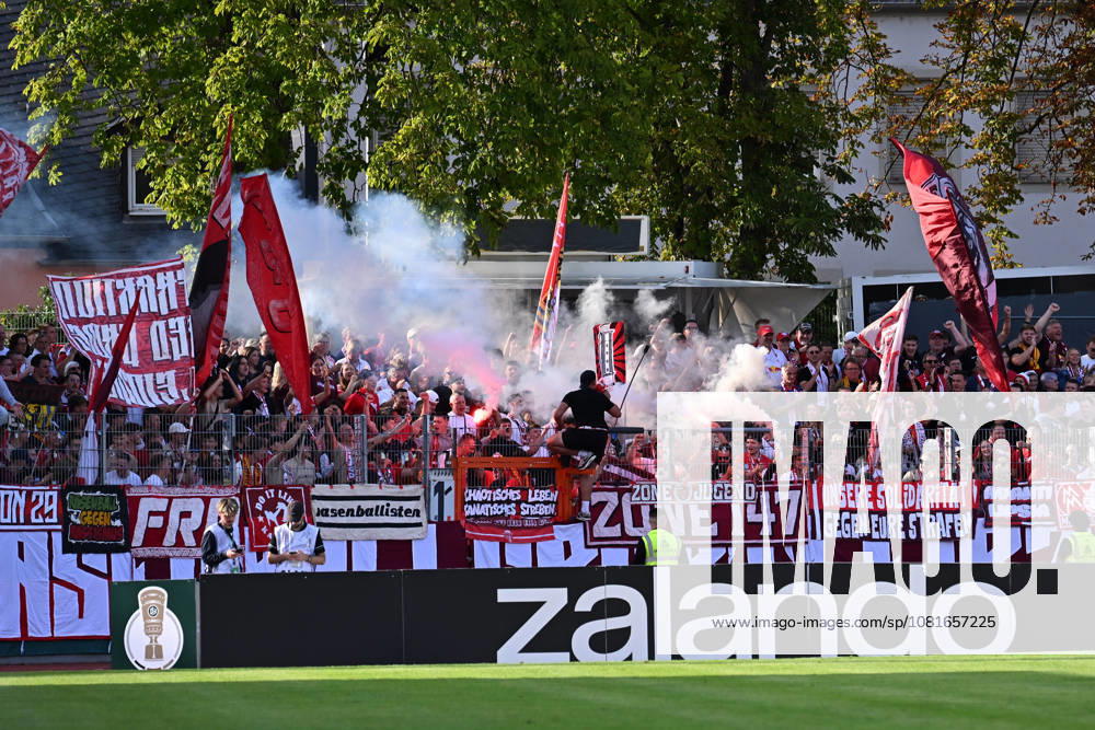 Soccer, DFB Cup First Round, Eintracht Trier vs. RB Leipzig—Leipzig fans set off pyrotechnics, flares, smoke, fog, and fireworks in Trier