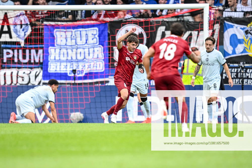 Elias Rahn of SG Sonnenhof Grossaspach celebrates after scoring his team’s first goal during the DFB Cup first-round match between SG Sonnenhof Grossaspach and Arminia Bielefeld at the Wir machen Druck Arena on August 22, 2026, in Grossaspach, Germany. Photo by Harry Langer, DeFodi Images. Elias Rahn of SG Sonnenhof Grossaspach celebrates after scoring his team’s first goal during the DFB Cup first-round match between SG Sonnenhof Grossaspach and Arminia Bielefeld at the Wir machen Druck Arena on August 22, 2026 in Grossaspach, Germany. Photo by Harry Langer, DeFodi Images. Photo by Harry Langer, DeFodi Images. DFB and DFL regulations prohibit any use of photographs as image sequences and or quasi-video.