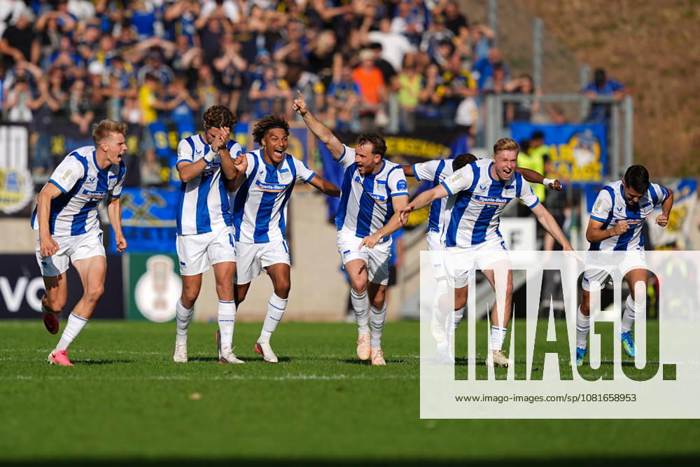 Soccer, DFB Cup, 1. FC Saarbrücken vs. Hertha BSC, 2026–2027 season, Ludwigspark Stadium: Celebrations after winning the penalty shootout. DFB regulations prohibit any use of photographs as image sequences and or quasi-video.