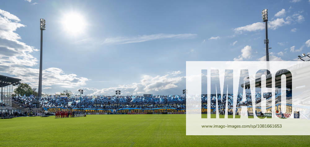 The Löwen fans performed a choreographed display celebrating 60 years since the German championship; the banners at the bottom are inscribed with the names of the players from the championship team GER, TSV 1860 Munich vs. Holstein Kiel, soccer, DFB Cup, 1st round, 2026–2027 season, August 22, 2026 Photo: HMB Media, Heike Feiner