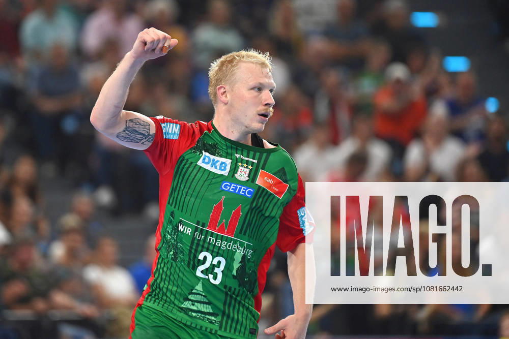 Magnus SAUGSTRUP SC Magdeburg, Celebration, joy, excitement, action, single frame, cropped single subject, half-length portrait, half-figure. Men’s Handball Rexel Super Cup 2026: SC Magdeburg vs. Füchse Berlin on August 22, 2026, at SAP GARDEN, Munich