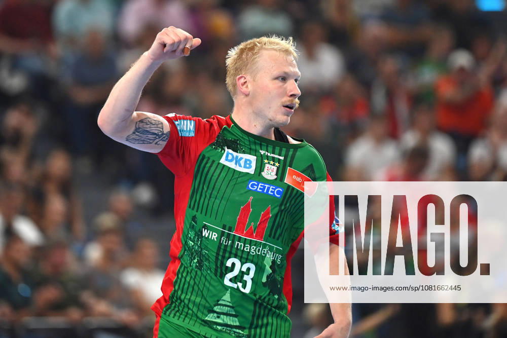 Magnus SAUGSTRUP SC Magdeburg, Celebration, joy, excitement, action, single frame, cropped single subject, half-length portrait, half-figure. Men’s Handball Rexel Super Cup 2026: SC Magdeburg vs. Füchse Berlin on August 22, 2026, at SAP GARDEN, Munich