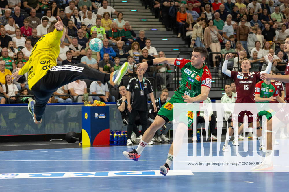 Shot on goal by Elvar Orn Jonsson (SC Magdeburg, 19) against Andreas Palicka (Füchse Berlin, 12), SC Magdeburg vs. Füchse Berlin, Handball, HBL, REXEL SUPER CUP, 2026, 22.08.2026 Munich SAP Garden Germany