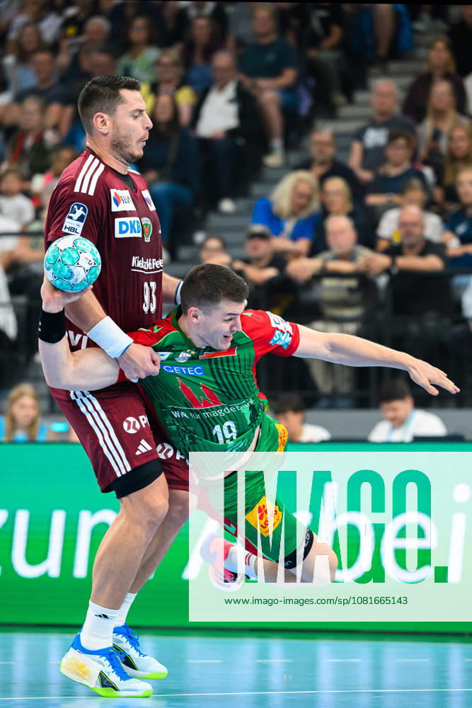 Munich HBL Super Cup 2026: SC Magdeburg vs. Füchse Berlin—Mijajlo Marsenic (Berlin) and Elvar Oern Jonsson (SC Magdeburg) go head-to-head at the SAP Garden in Munich, Bavaria, Germany