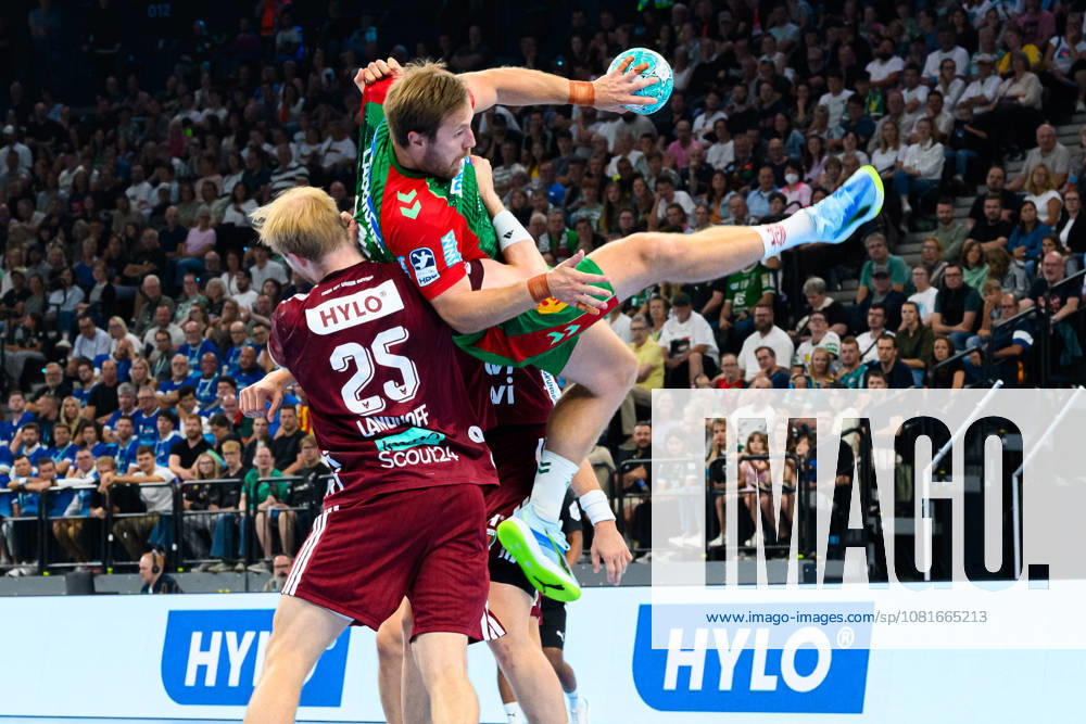 Munich HBL Super Cup 2026: SC Magdeburg vs. Füchse Berlin—Matthes Langhoff (Berlin) and Albin Lagergren (SC Magdeburg) in a one-on-one matchup at SAP Garden, Munich, Bavaria, Germany
