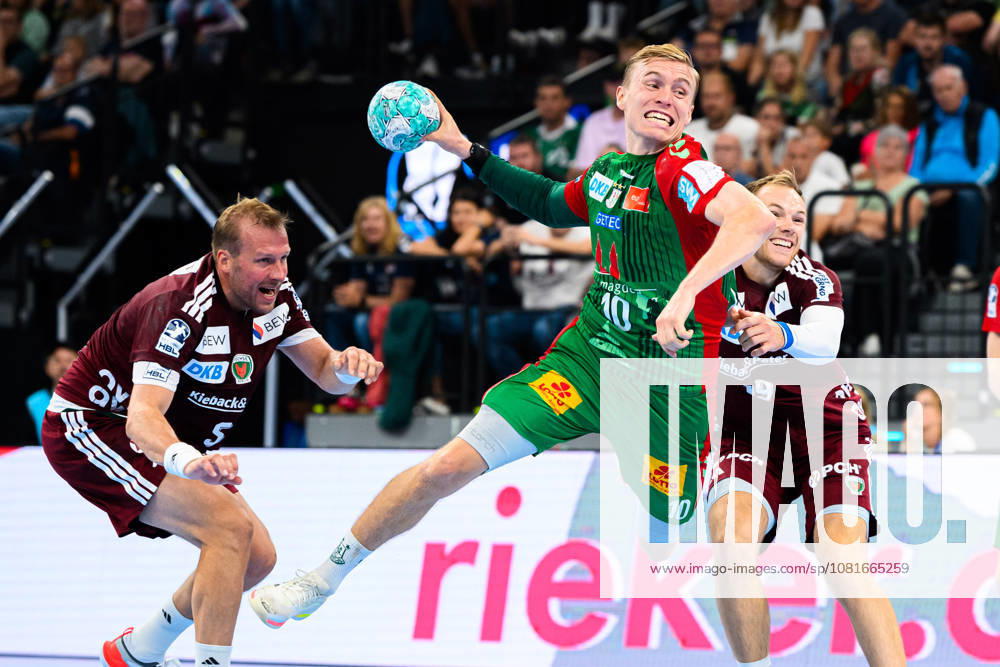 Munich HBL Super Cup 2026 SC Magdeburg vs. Fuechse Berlin: Max Darj (Berlin), Gisli Thorgeir Kristjansson (SC Magdeburg), Mathias Gidsel (Berlin); Munich SAP Garden, Bavaria, Germany