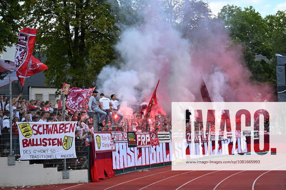 Soccer, DFB Cup First Round, Eintracht Trier vs. RB Leipzig—Leipzig fans set off pyrotechnics, flares, smoke, fog, and fireworks in Trier