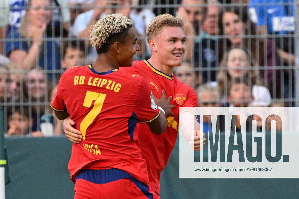 Soccer, DFB Cup 1st Round, Eintracht Trier vs. RB Leipzig: Goal celebration after Conrad Harder Schandorff scored the 0-4 goal for RB Leipzig against Trier