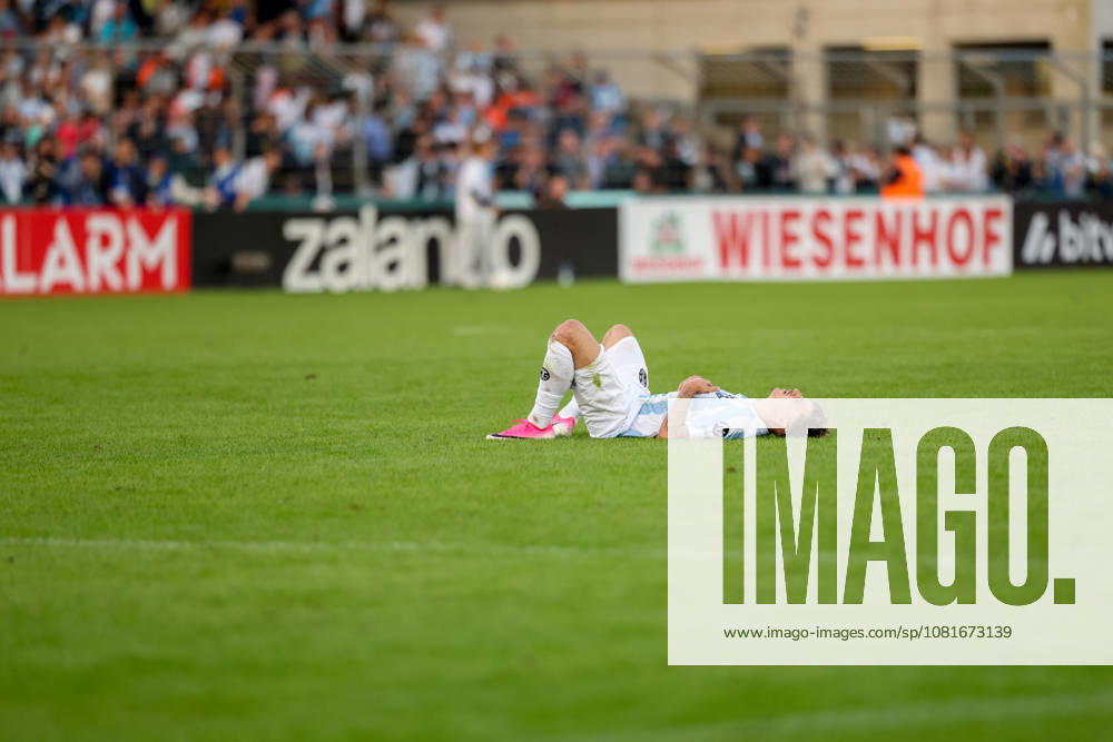 Mark Grevorgyan of TSV 1860 Munich, 24, lies on the ground in disappointment after the loss and elimination from the cup, emotions, GER, TSV 1860 Munich vs. Holstein Kiel, soccer, DFB Cup, 1st round, 2026–2027 season, August 22, 2026, DFL regulations prohibit any use of photographs as image sequences, GER, TSV 1860 Munich vs. Holstein Kiel, soccer, DFB Cup, 1st round, 2026–2027 season, August 22, 2026, Munich