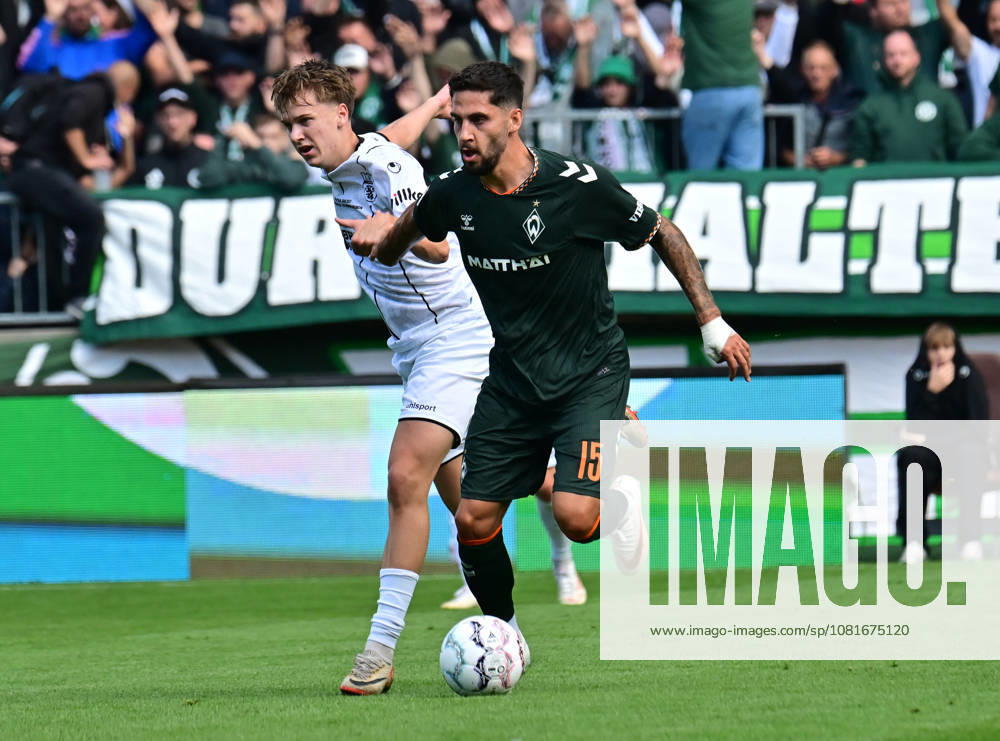 German Soccer, Men, DFB Cup, 1st Round, 2026–2027 Season, Hamburg, Lüneburger SK vs. Werder Bremen: Nevio Scheuer (Lüneburg, No. 18) tries to get past Ludovit Reis (Werder, No. 15). DFB and DFL regulations prohibit any use of photographs as image sequences and or quasi-video. Hamburg Millerntorstadion, Hamburg, Germany