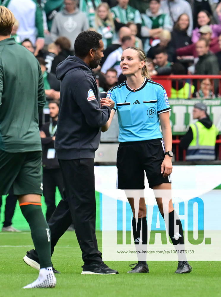 German Soccer, Men s, DFB Cup, 1st Round, 2026–2027 Season, Hamburg, Lüneburger SK vs. Werder Bremen; Coach Daniel Thioune; Werder thanks referee Fabienne Michel after the game; DFB and DFL regulations prohibit any use of photographs as image sequences and or quasi-video; Hamburg Millerntorstadion, Hamburg, Germany