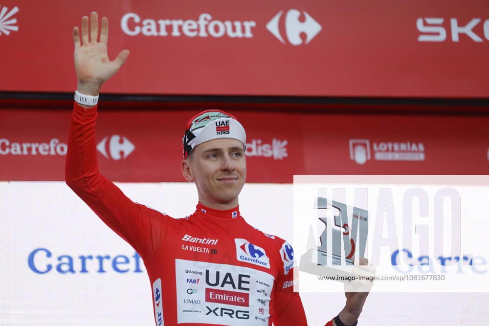 Slovene rider Tadej Pogacar (UAE Emirates) reacts at the podium after winning Tour of Spain s first stage, a 9.4 kilometers time trial in Monaco, 22 August 2026. First stage. Time trial in Monaco (9.4 km) !ACHTUNG: NUR REDAKTIONELLE NUTZUNG!
