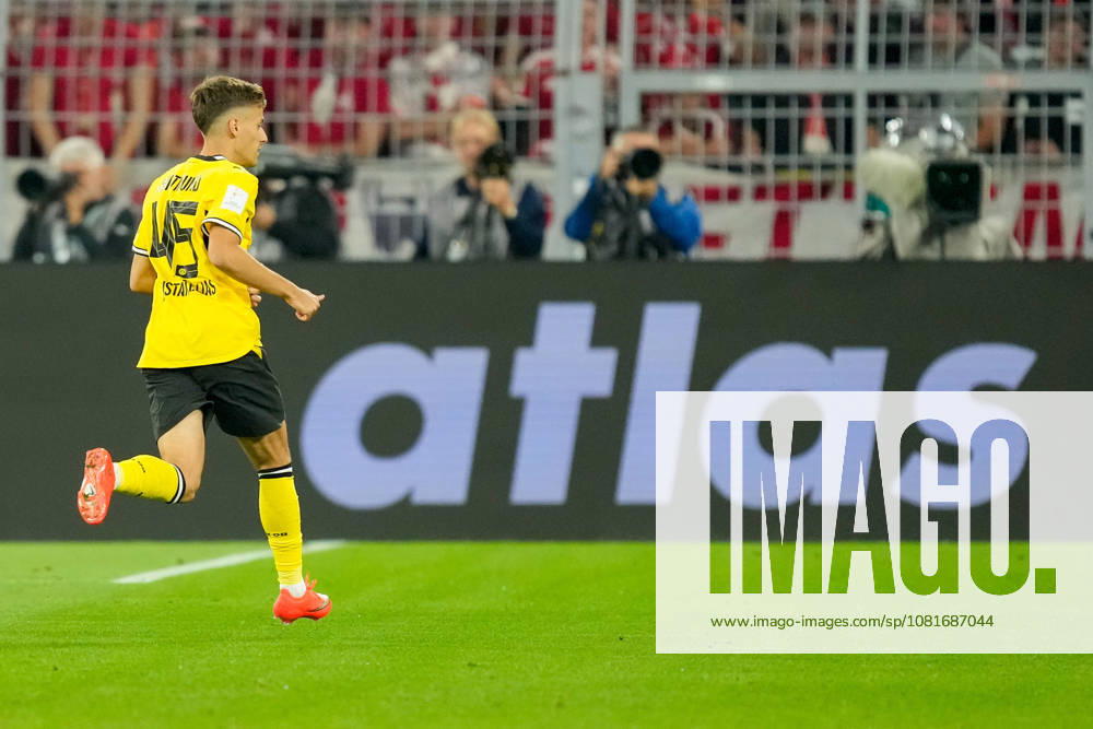 Giannis Konstantelias of Borussia Dortmund watches as the Franz Beckenbauer Super Cup match between Borussia Dortmund and FC Bayern Munich takes place at Signal Iduna Park on August 22, 2026, in Dortmund, Germany. Photo by Alex Gottschalk, DeFodi Images