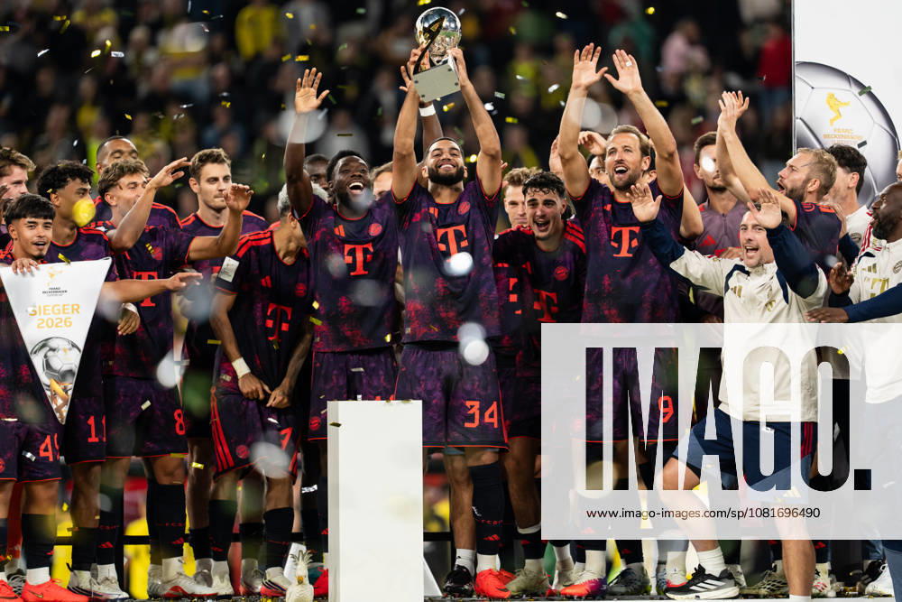 GER Germany, Soccer, 2026–2027 Season, Franz Beckenbauer Super Cup: Borussia Dortmund vs. FC Bayern Munich, Franz Beckenbauer Super Cup Champion 2026, FC Bayern Munich, winner s photo, Ismael Saibari of FC Bayern Munich, 34, holds up the trophy at Signal Iduna Park in Dortmund, North Rhine-Westphalia (NRW), Germany