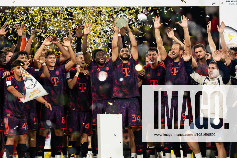 GER Germany, Soccer, 2026–2027 Season, Franz Beckenbauer Super Cup: Borussia Dortmund vs. FC Bayern Munich, Franz Beckenbauer Super Cup Champion 2026, FC Bayern Munich, winner s photo, Ismael Saibari of FC Bayern Munich, 34, holds up the trophy at Signal Iduna Park in Dortmund, North Rhine-Westphalia (NRW), Germany