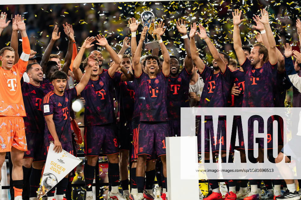 GER Germany, Soccer, 2026–2027 Season, Franz Beckenbauer Super Cup: Borussia Dortmund vs. FC Bayern Munich, Franz Beckenbauer Super Cup Winner 2026, FC Bayern Munich, winner’s photo, holding up the trophy at Signal Iduna Park in Dortmund, North Rhine-Westphalia (NRW), Germany