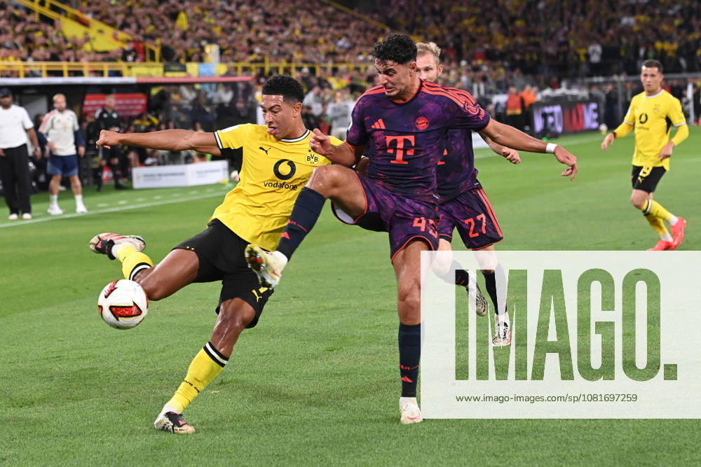 Jobe BELLINGHAM (DO) vs. Aleksandar PAVLOVIC (M) Action, Tackle, Soccer DFL Franz Beckenbauer Super Cup 2026 Borussia Dortmund vs. FC Bayern Munich on August 22, 2026, in Dortmund, Germany. DFL regulations prohibit any use of photographs as image sequences and or quasi-video.