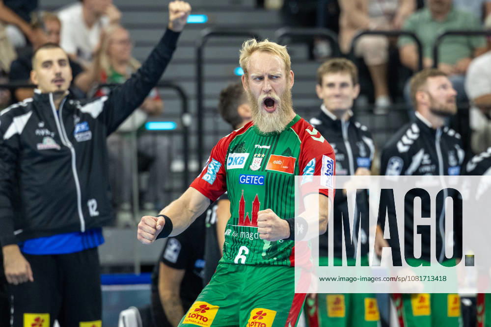 Jubel, Celebration, Freude, Emotion, Feier Matthias Musche (SC Magdeburg, 06), SC Magdeburg vs. Füchse Berlin, Handball, HBL, REXEL SUPER CUP, 2026, 22.08.2026 Munich SAP Garden Germany